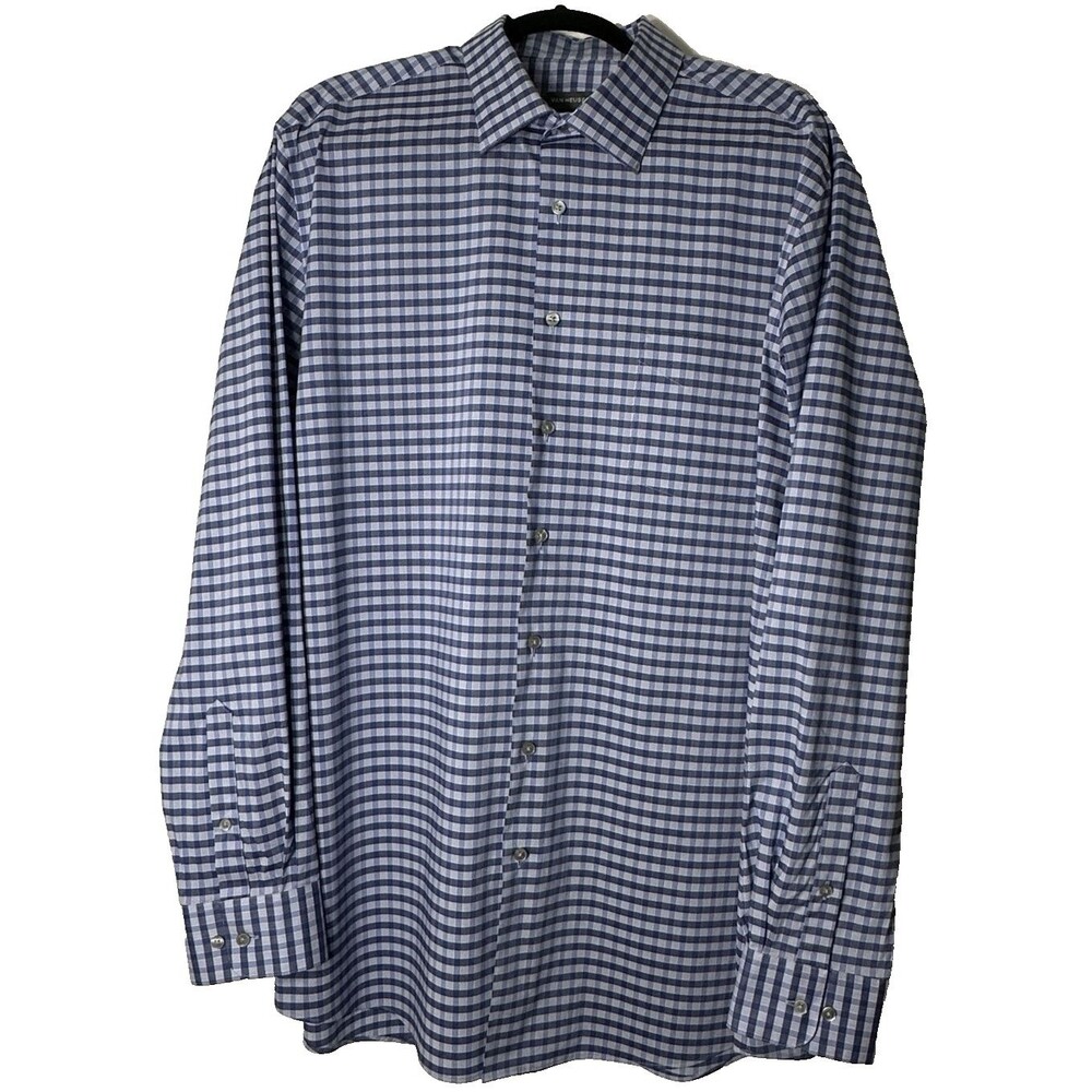 Van Heusen Dress Shirt Men's Siz 17.5 36/37 Tall Fit Blue Plaid Button Front